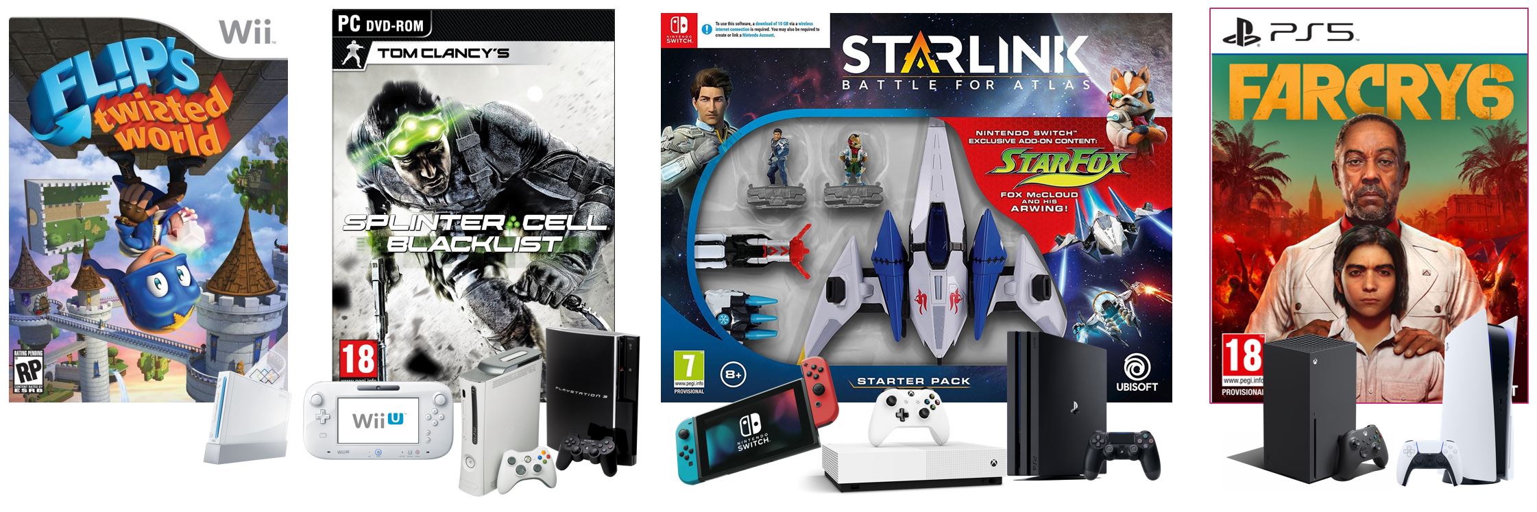 Flip's Twisted World on Wii, Splinter Cell: Blacklist on Xbox 360, PS3, and WiiU, Starlink: Battle for Atlas on Xbox One / PS4 / Switch, and Far Cry 6 on Xbox Series S/X and PS5.